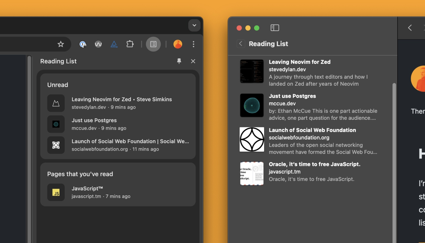 A comparison view between Safari and Google Chrome Reading List. Google Chrome does a great job at highlighting previously read items.
