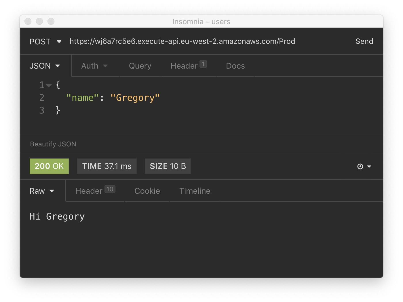 Screenshot of an app example inside Insomnia REST client