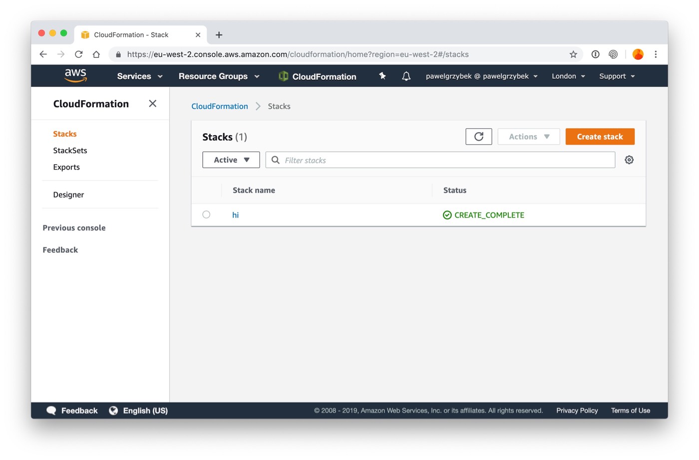 AWS Console CloudFormation Stacks — Confirmation that package has been deployed successfully