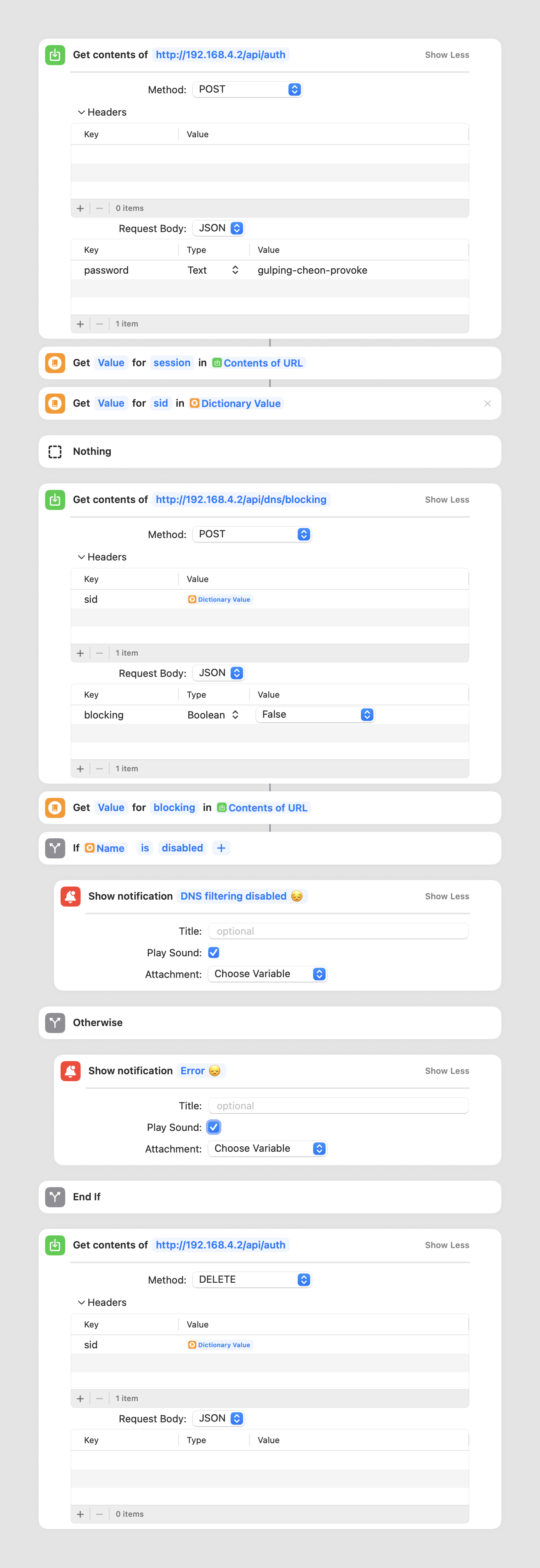 Recipe for the Apple Shortcut to controll Pi-hole