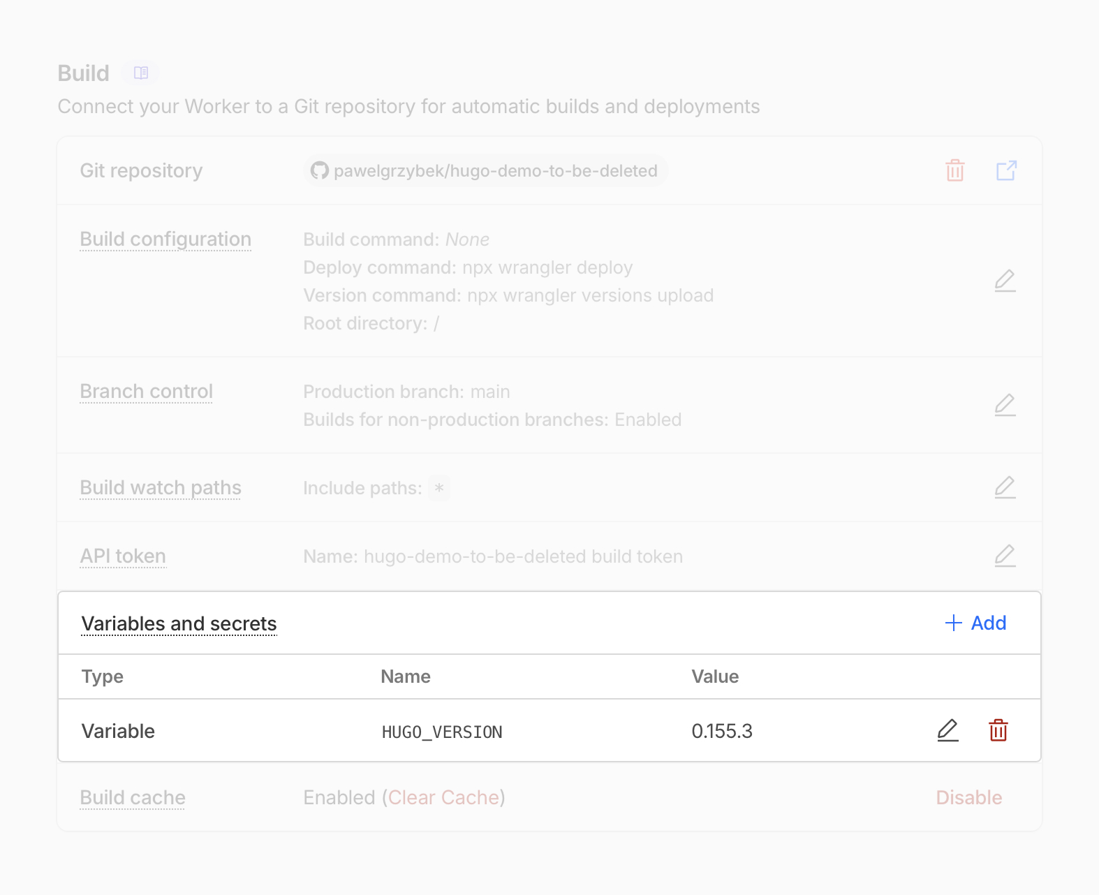 A section of the Cloudflare worker dashboard that presents the configuration of the Hugo version