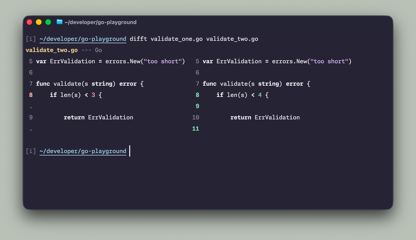 Preview of two almost identical files in Difftastic