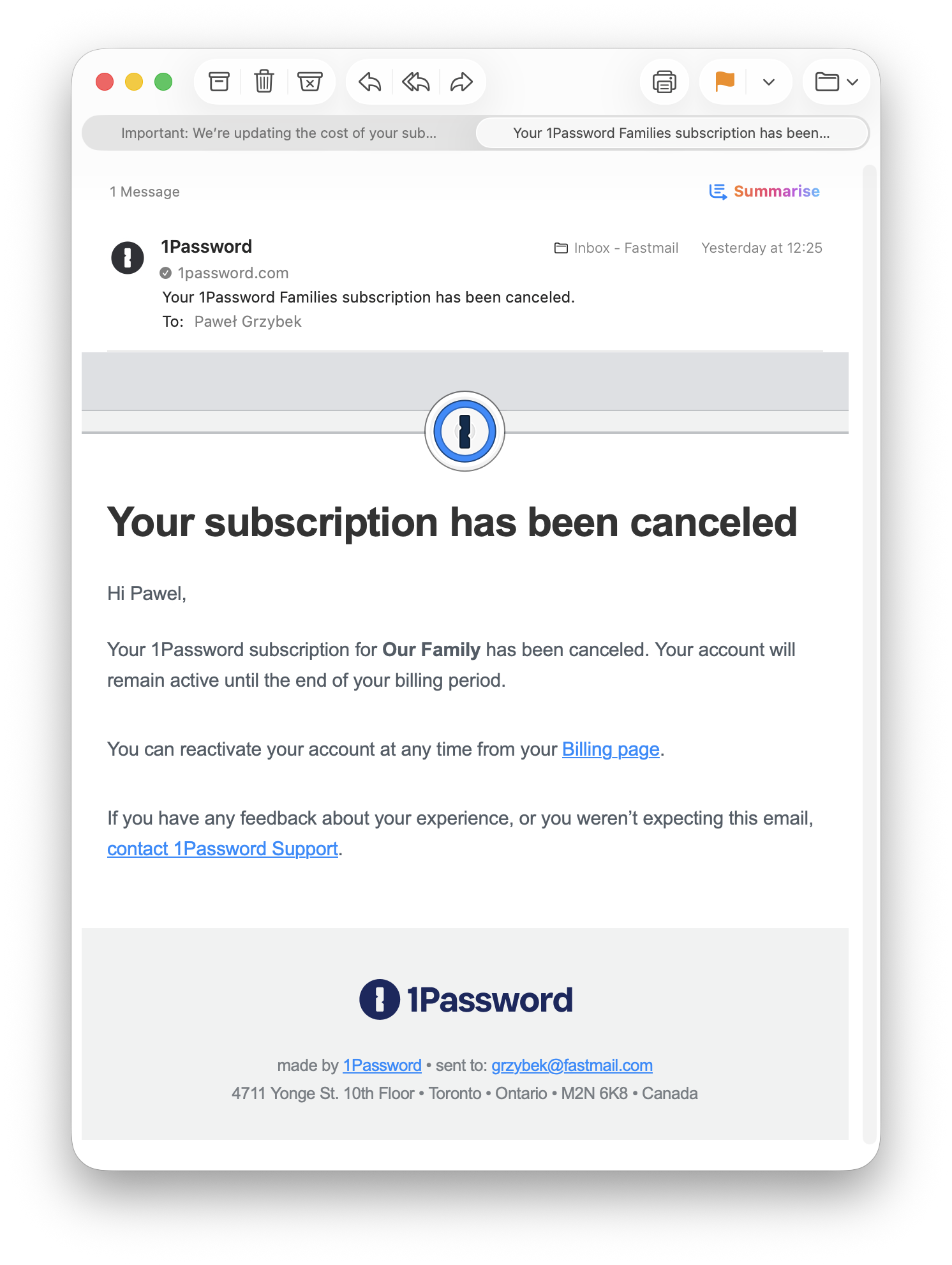 Screenshot of the email that proves my family plan cancellation