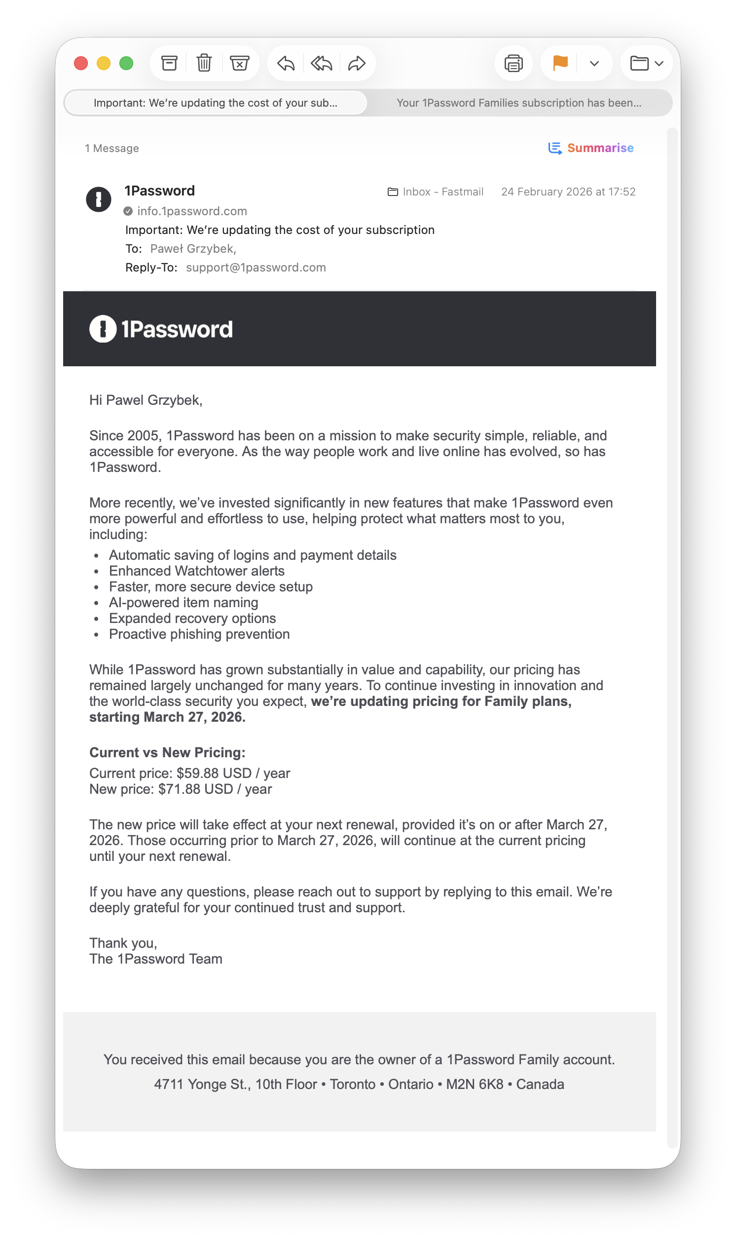 Screenshot of the recent upgrade prices email that mentions price bump and introduction of new AI features