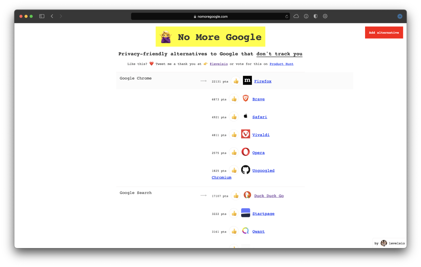 Screenshot of &ldquo;No More Google&rdquo; website created by Pieter Levels