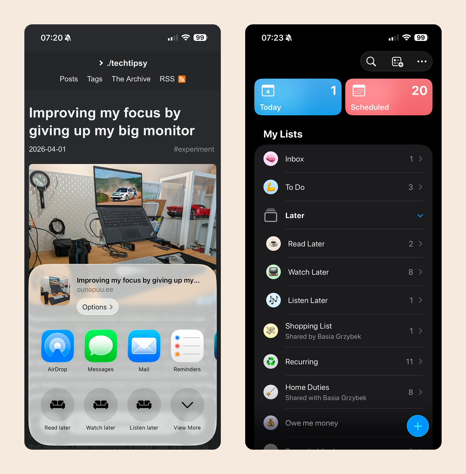 Two screenshots side by side, one from iOS Safari and another from the Apple Reminders app on iOS. The first one presents the read/watch/listen later action on the share sheet, and the second one shows the Reminders directories where the output of the actions lands.