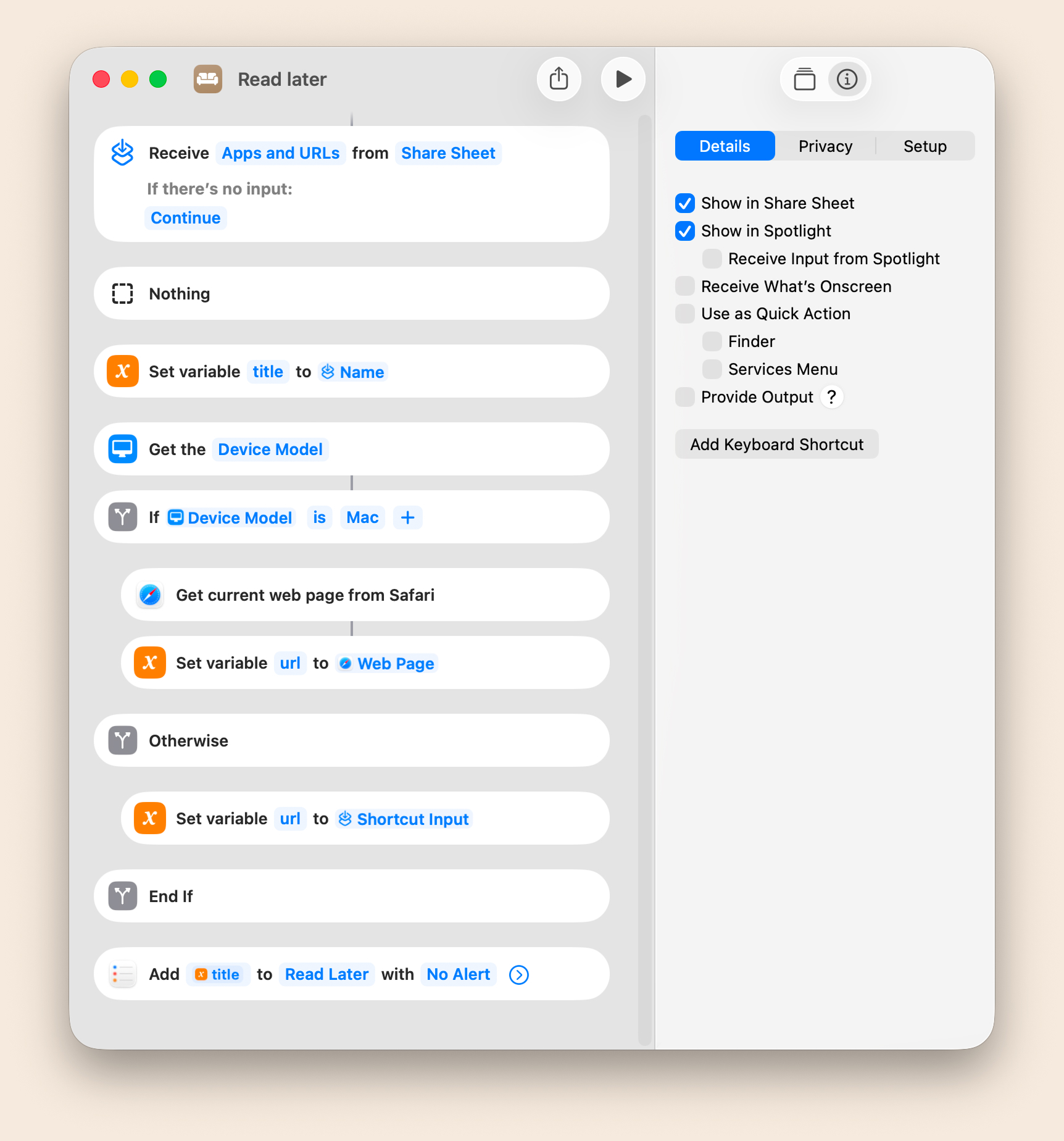 A screenshot from the macOS Shortcuts app that presents the flow of my "Real Later" shortcut