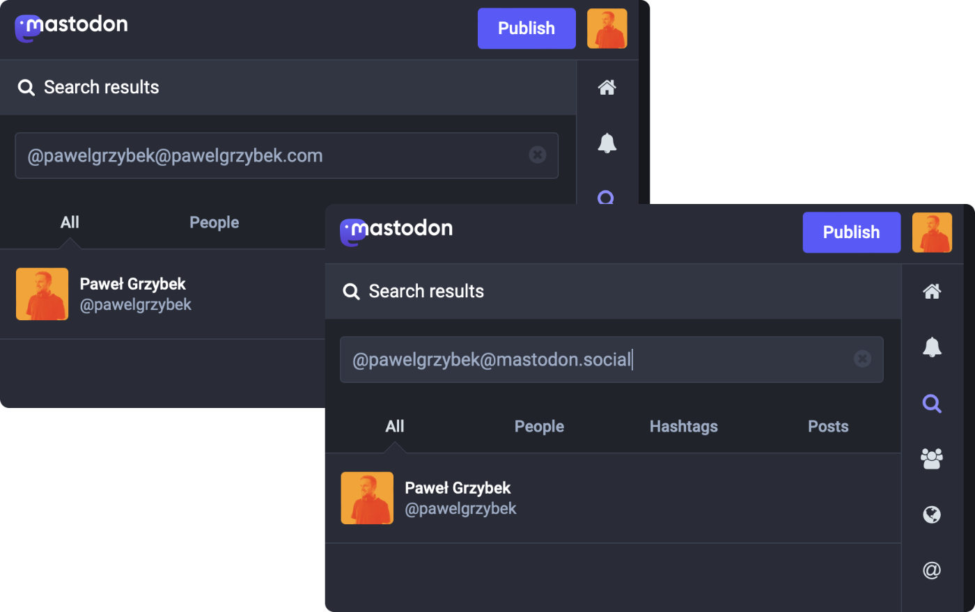 My Mastodon profile is searchable via my own domain and instance&rsquo;s domain
